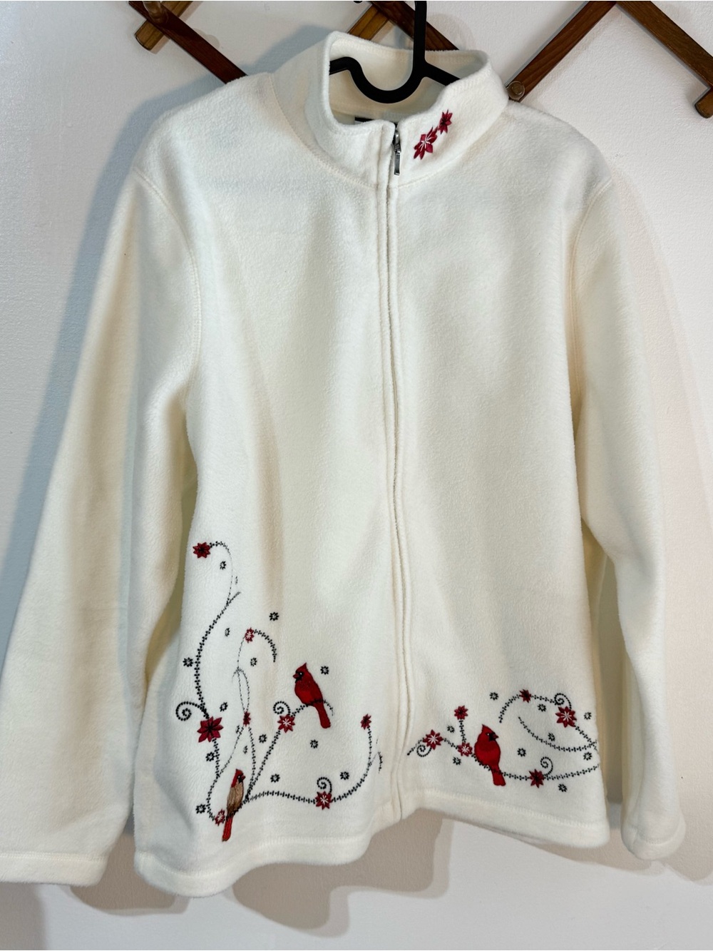 croft & barrow Cream Fleece Jacket with Red Cardinal Embroidery full zip sz larg
